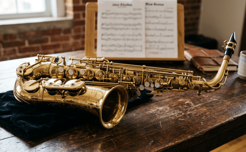 Brass saxophone lying on a wooden table with sheet music and a mug in the background