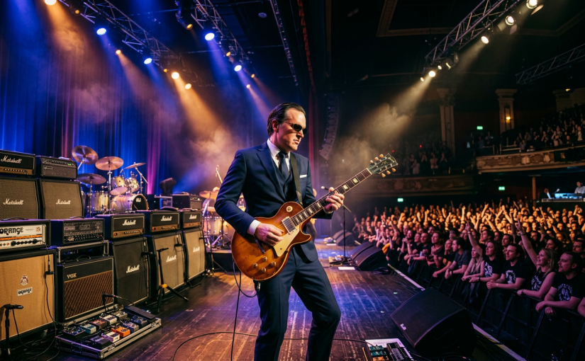 Musician in blue suit playing electric guitar on stage with crowd