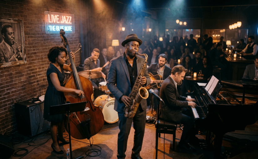 Jazz band with saxophone, double bass, drums, guitar, and piano playing in a dimly lit club