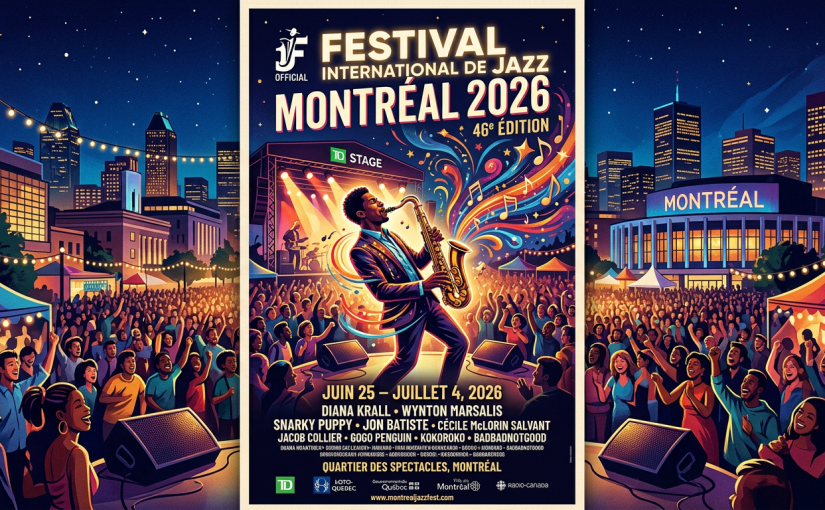 Illustration of a jazz musician playing saxophone on stage with a large audience and Montreal city skyline at night