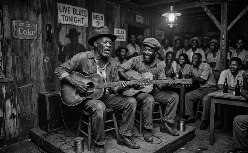 Two men playing acoustic guitars performing blues music in a rustic setting