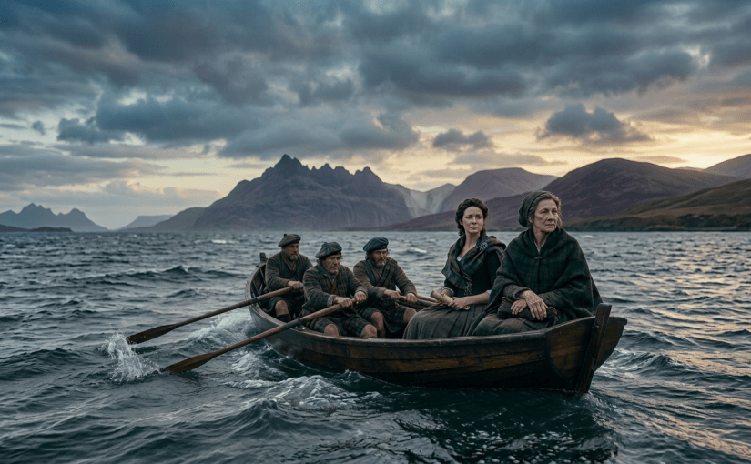 Four men in traditional Scottish clothing rowing a wooden boat on a lake with mountainous landscape under a cloudy sky