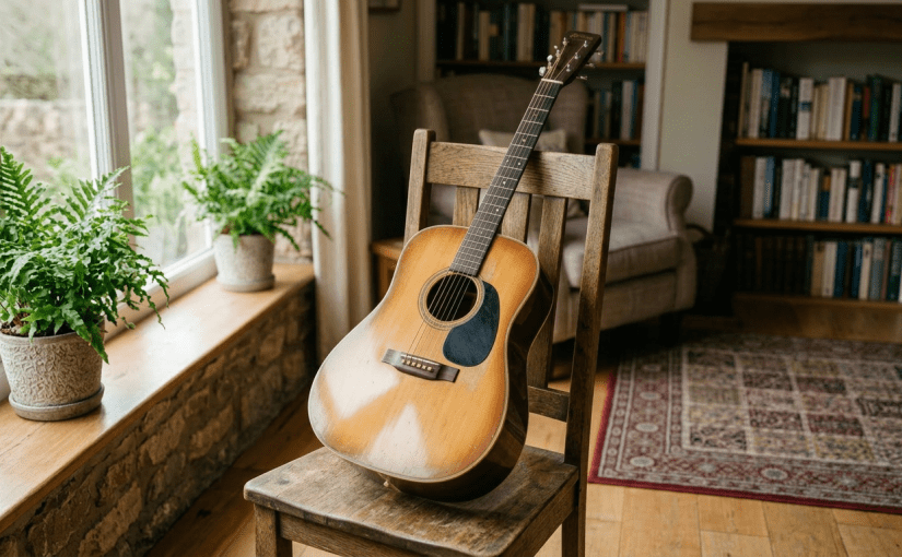 Acoustic guitar placed on a wooden chair beside a window with a potted plant