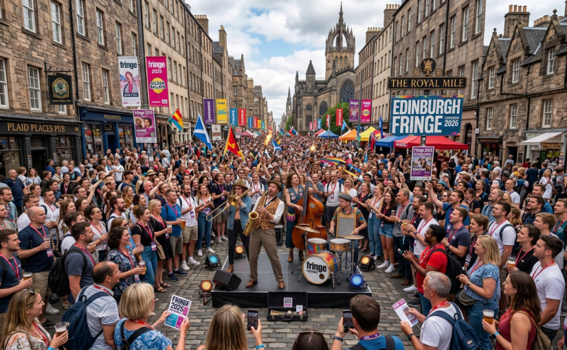 Performers with flames, ribbons, and accordion entertain a crowd at Edinburgh Fringe Festival 2026 on the Royal Mile
